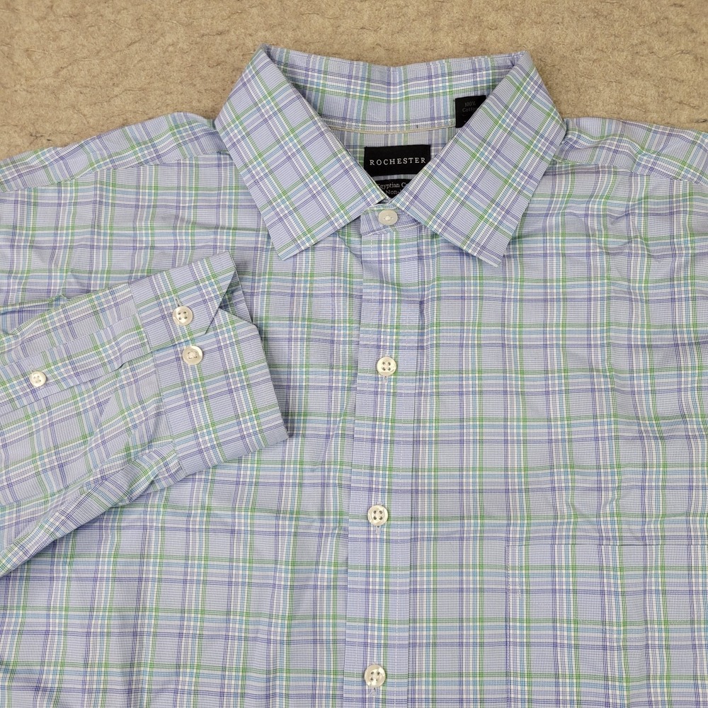 Rochester Dress Shirt Mens Sz 18 36/37 Blue Plaid Egyptian Cotton Non Iron